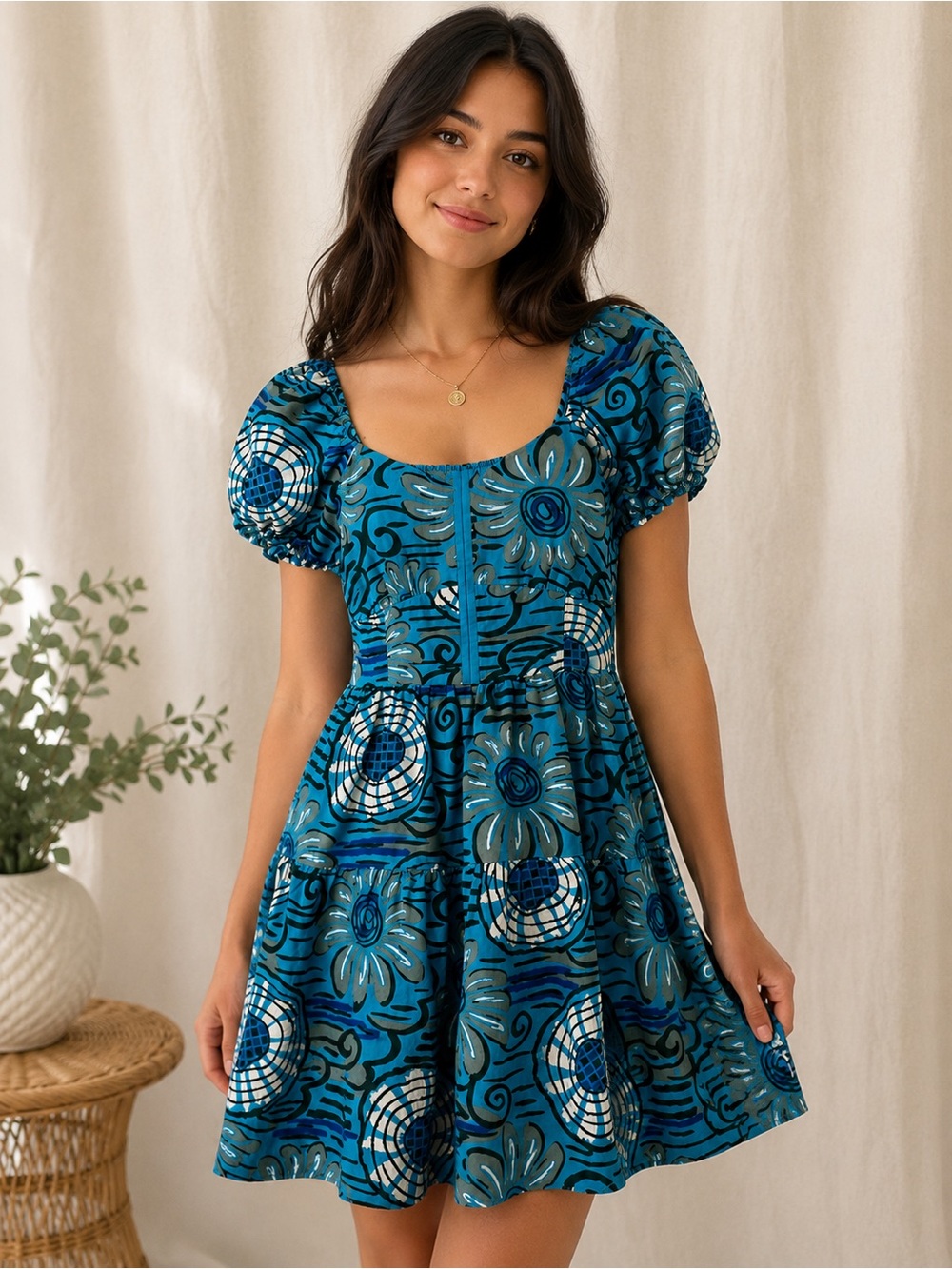 House of Harlow Dress Women’s Small Blue Floral Linen Blend Mini Puff Sleeve - Picture 1 of 8